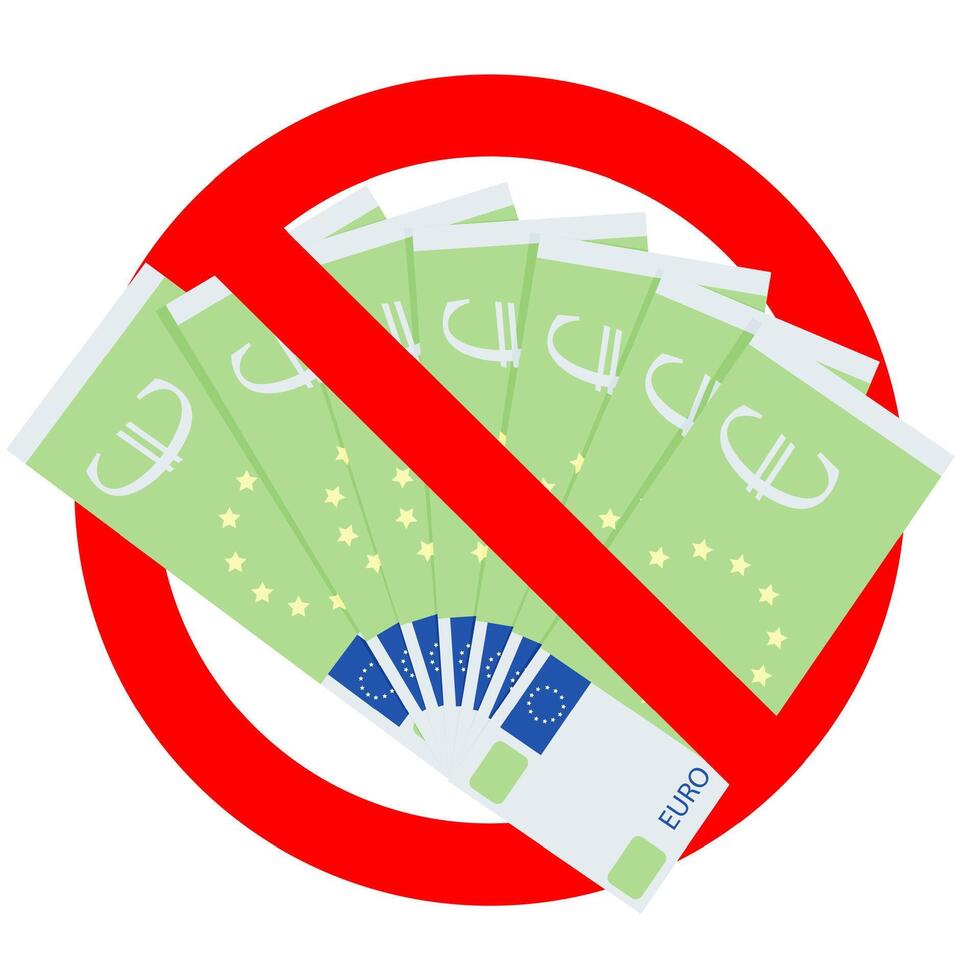 No european tax, ban bribing, no cash euro payment, only credit card pay, banned corruption and bribery, cross banknote, illegal corrupted icon, resist pass cash Vector illustration