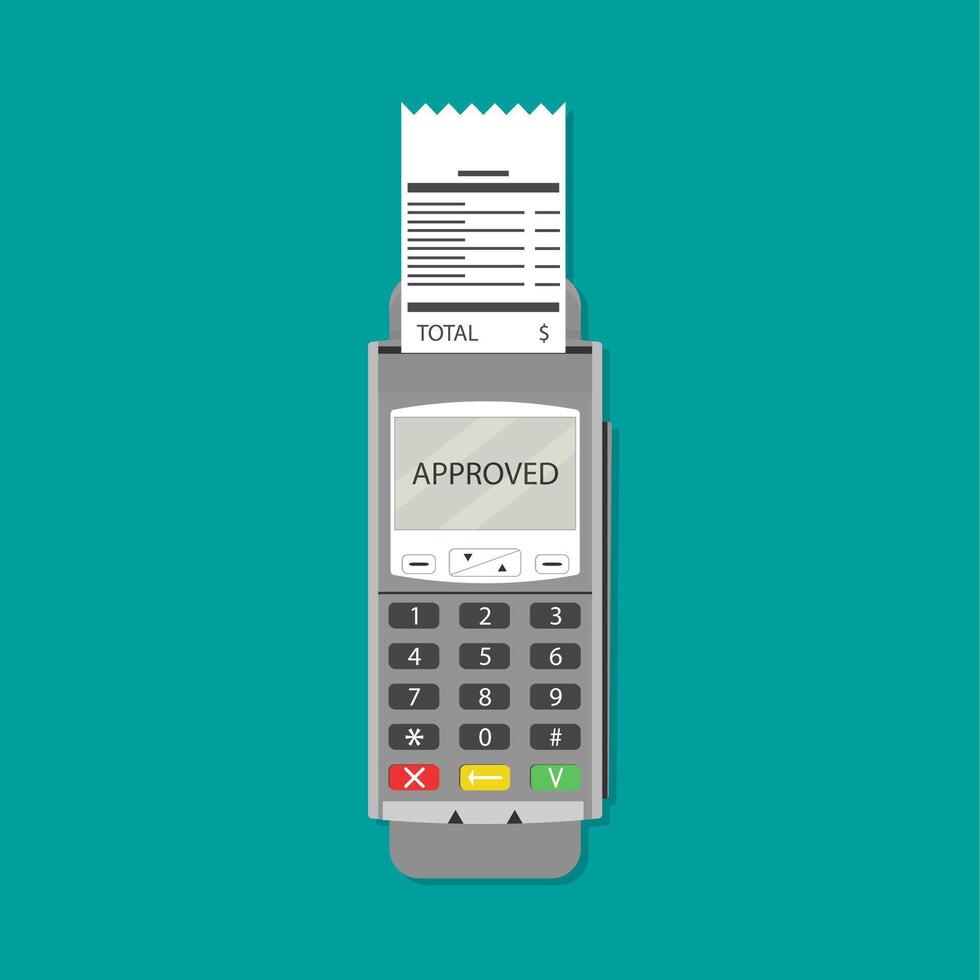 Terminal with bill. Pos financial receipt, paper check, checkout reciept. Vector illustration