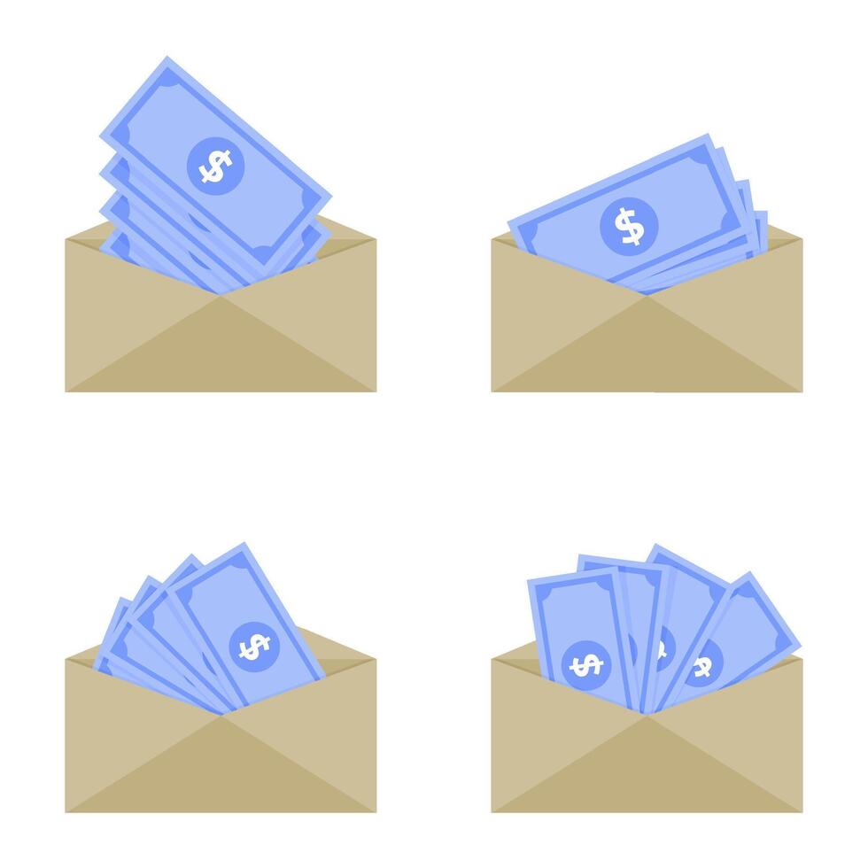 Cash banknote in evelope, bribe or wage, payout income, send bribery or profit, blue money, corruption finance, vector illustration. Compensation earnings, return tax fan money cash, salary payment