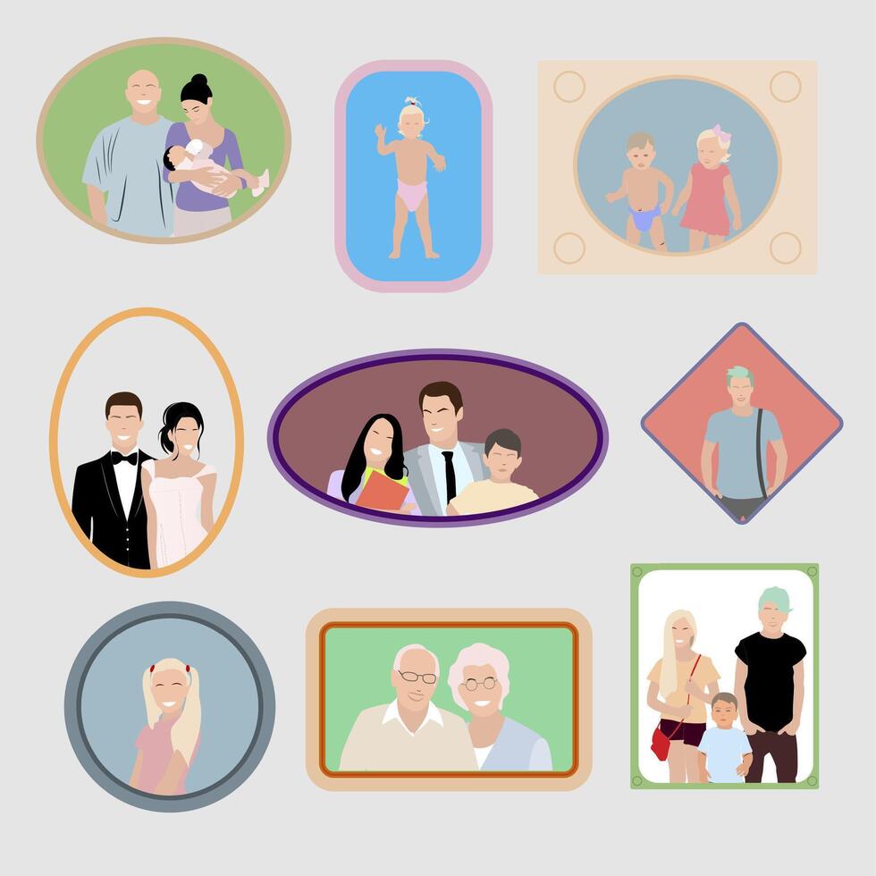 Family photo album collection. Photo frame image, memory pictures, snapshot in scrapbook illustration, vector nostalgia portrait, collection gallery with kids parents and grandparents together vector