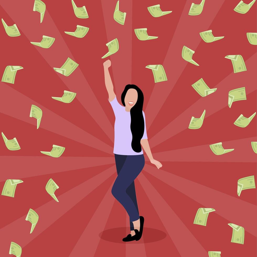 Happy woman celebrating under money rain. Successful person get profit, happy motion, dollar wealth, business fortune, vector earnings money, illustration lottery winner, lucky girl dance and jumping