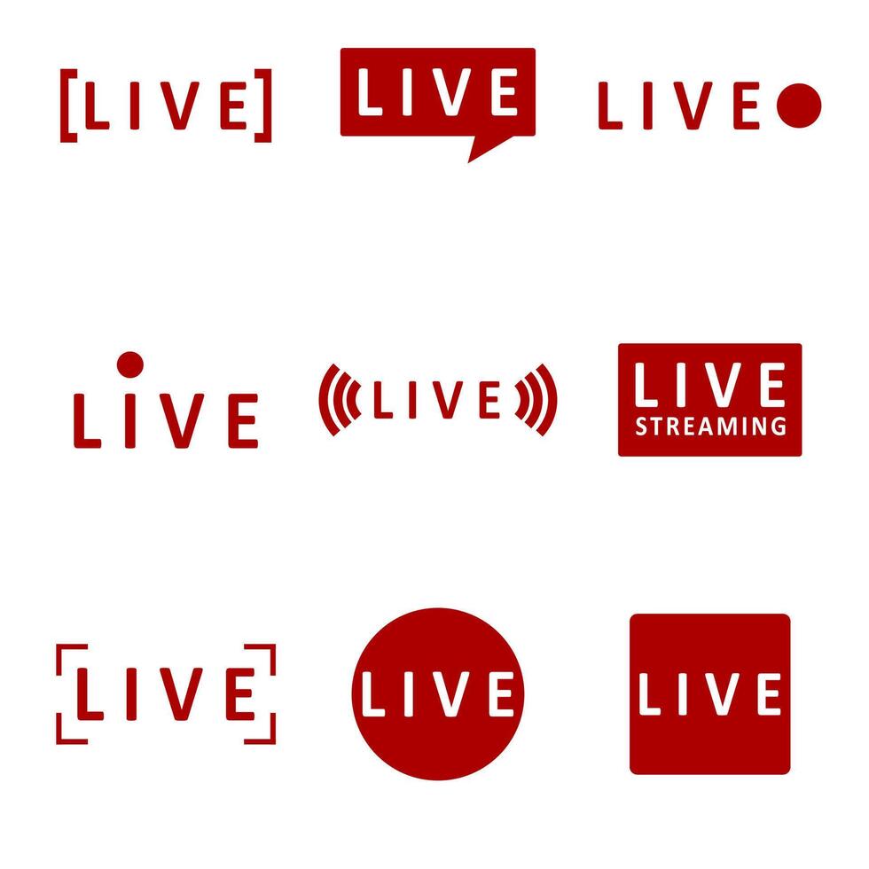 Broadcast mark live for video stream, live play and tv streaming online on website, collection button on air and logo label for window player. Vector illustration. Live stream news, show media channel