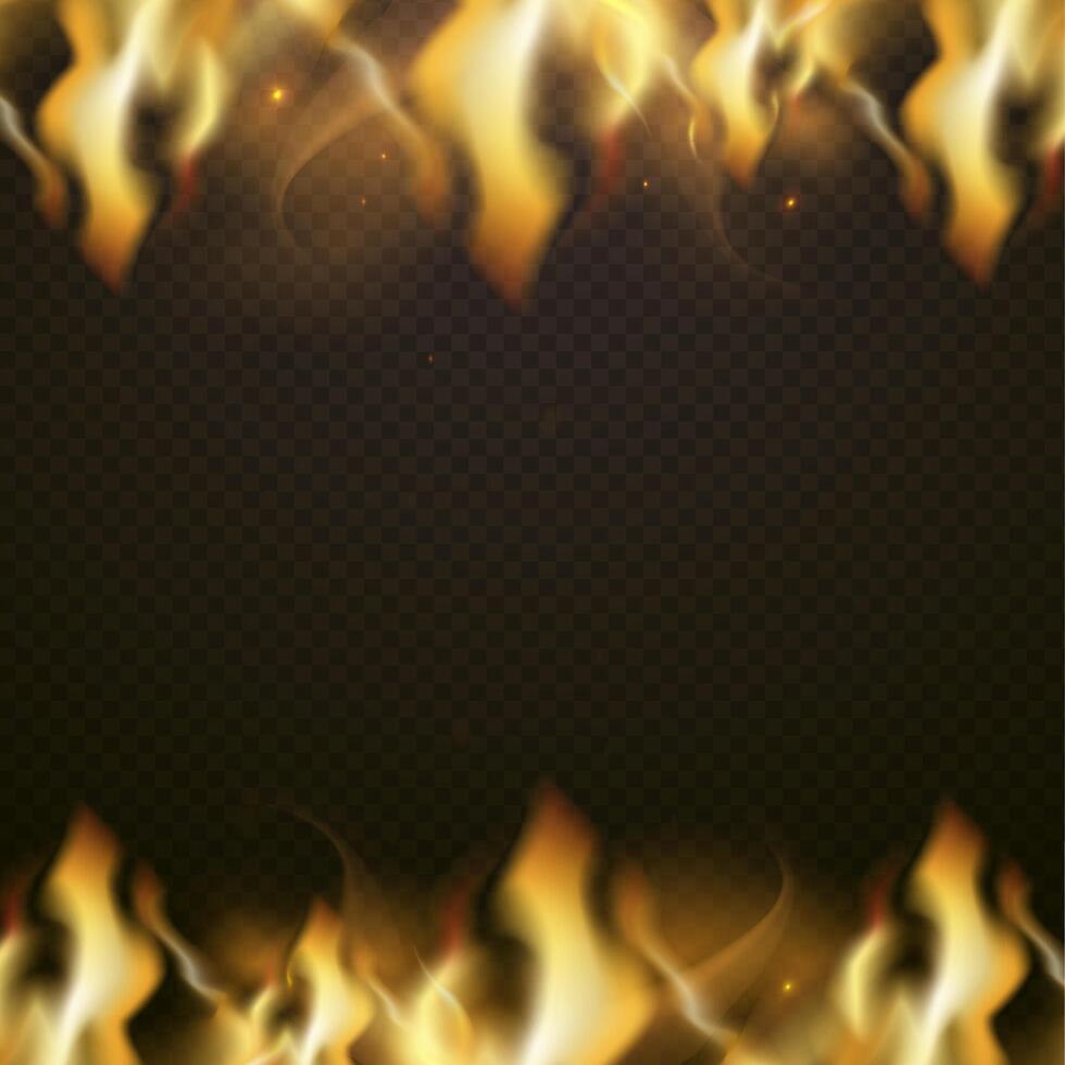 Border frame fire banner with place for text. Vector combustion glowing, flaming ignition, transparency inferno dangerous warm illustration