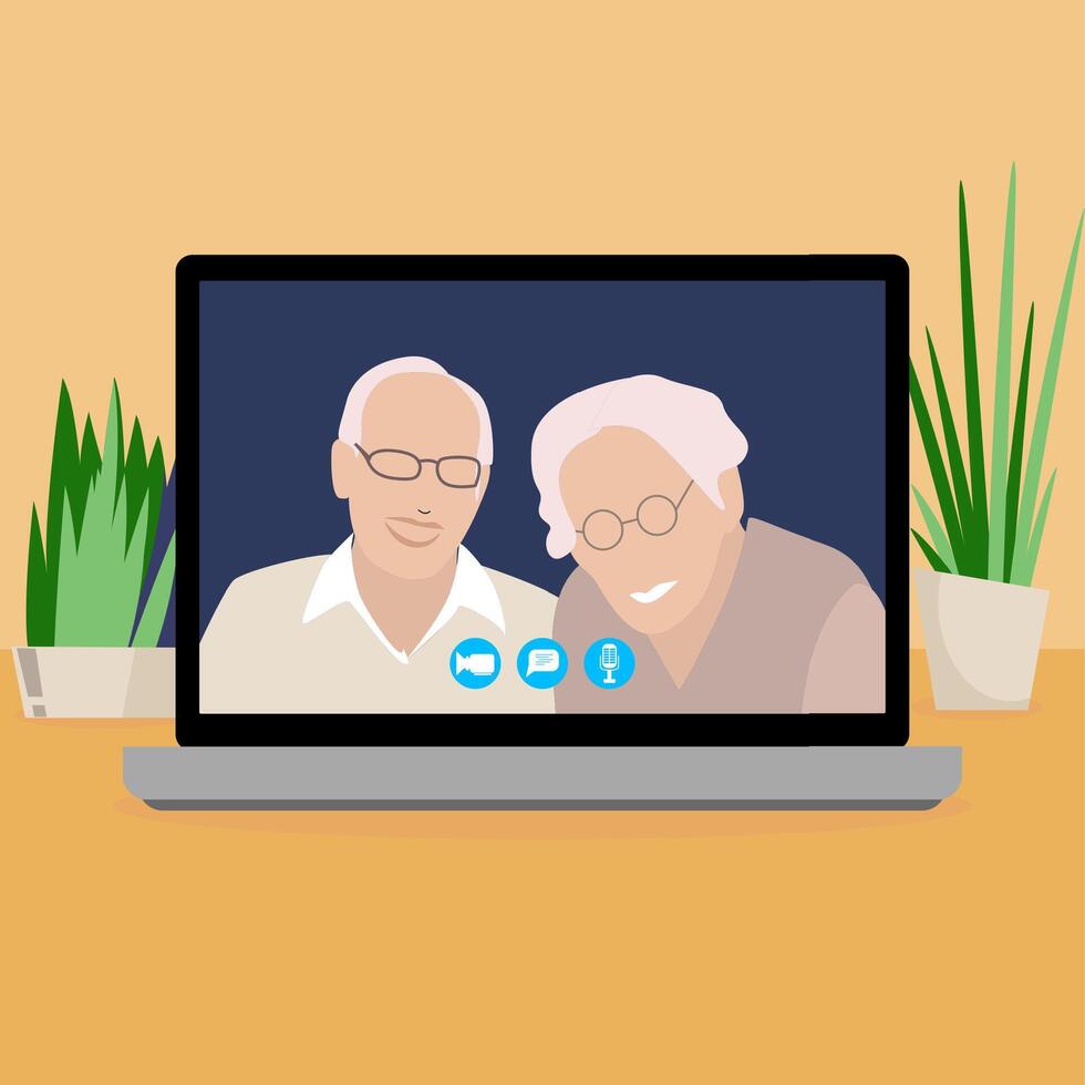vídeo llamada a padres utilizar ordenador portátil. vector en línea vídeo y charla por computadora portátil, moderno tecnología, para mayor personas conversación, abuelos juntos Hablando remoto con niños ilustración
