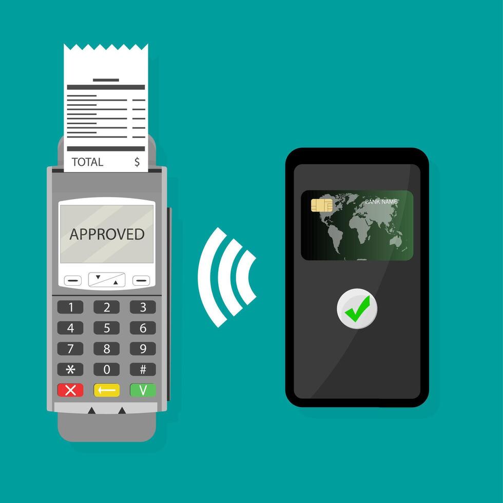 Wireless pay pass with smartphone. Vector transaction wireless purchase, nfc transaction paying online terminal and credit card in smartphone