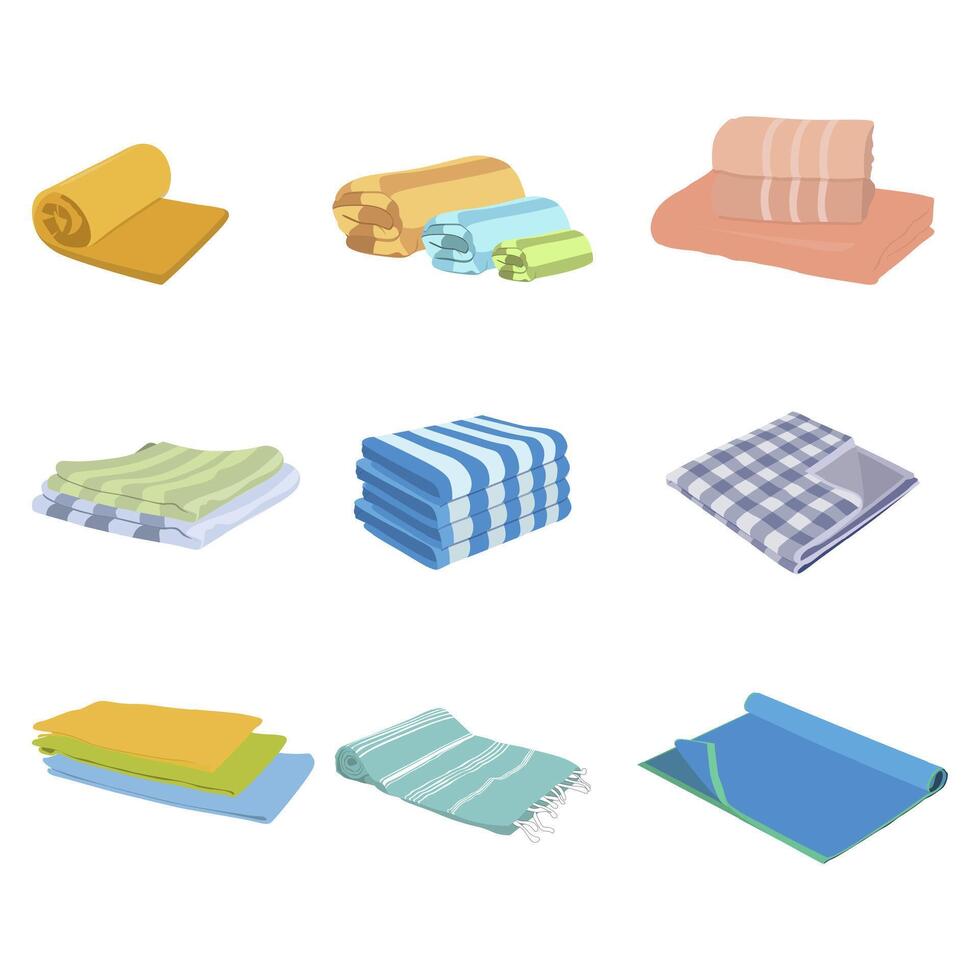 Towel folded and roll. Vector microfiber towel for shower, beach fabric and checkered fresh cotton collection. Illustration domestic and for spa hotel, fluffy and fresh, kitchen or bathroom towels