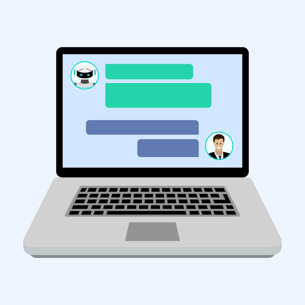 Online support chatbot, laptop chatting with assistance. Support chat service, online communication bot, virtual chatbot web conversation by laptop. Vector illustration