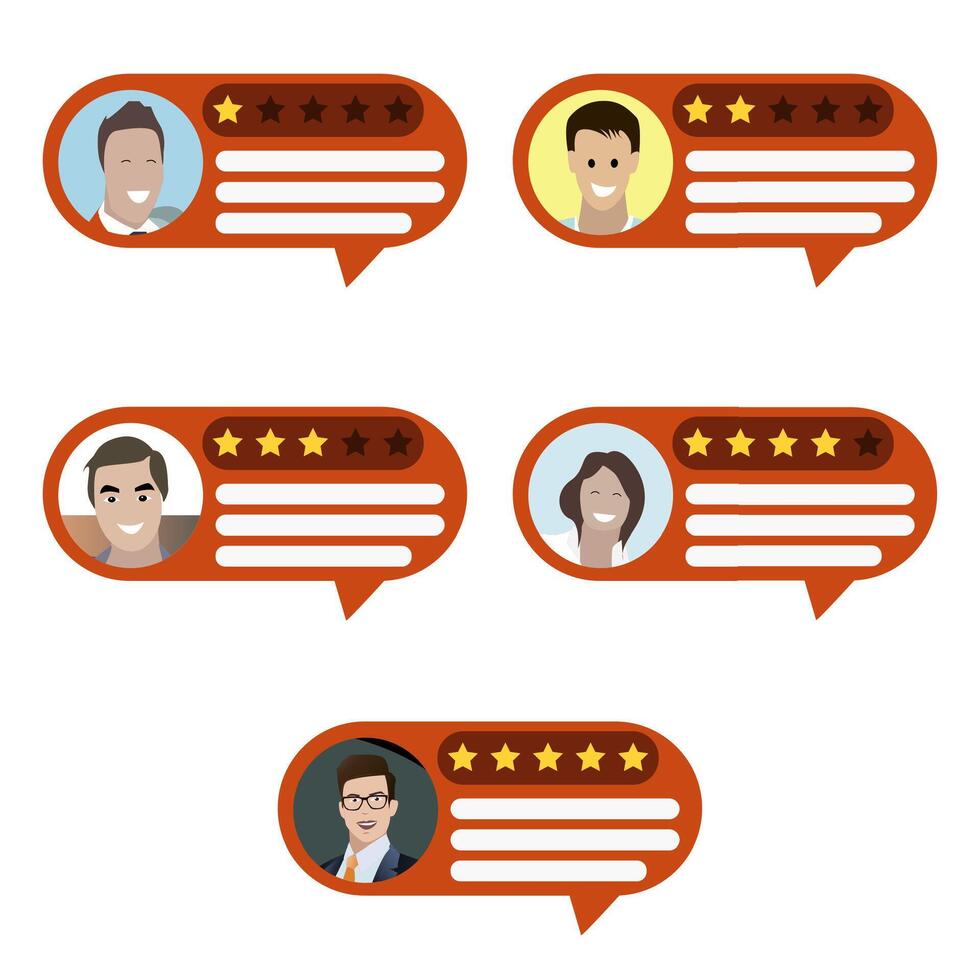 Customer feedback and review, experience satisfaction with golden stars, speech bubble with survey, message opinion online by users man and woman, social chat vector illustration set