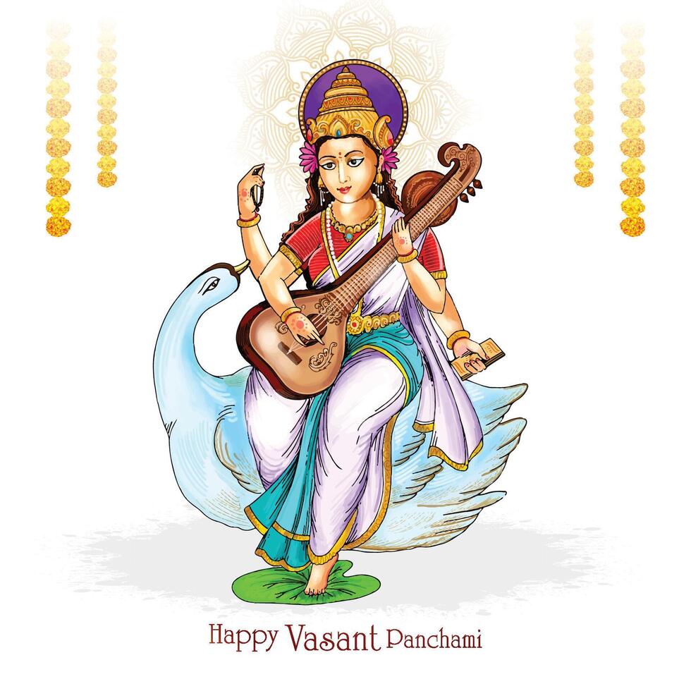 Vasant panchami on indian god saraswati maa religious card design vector