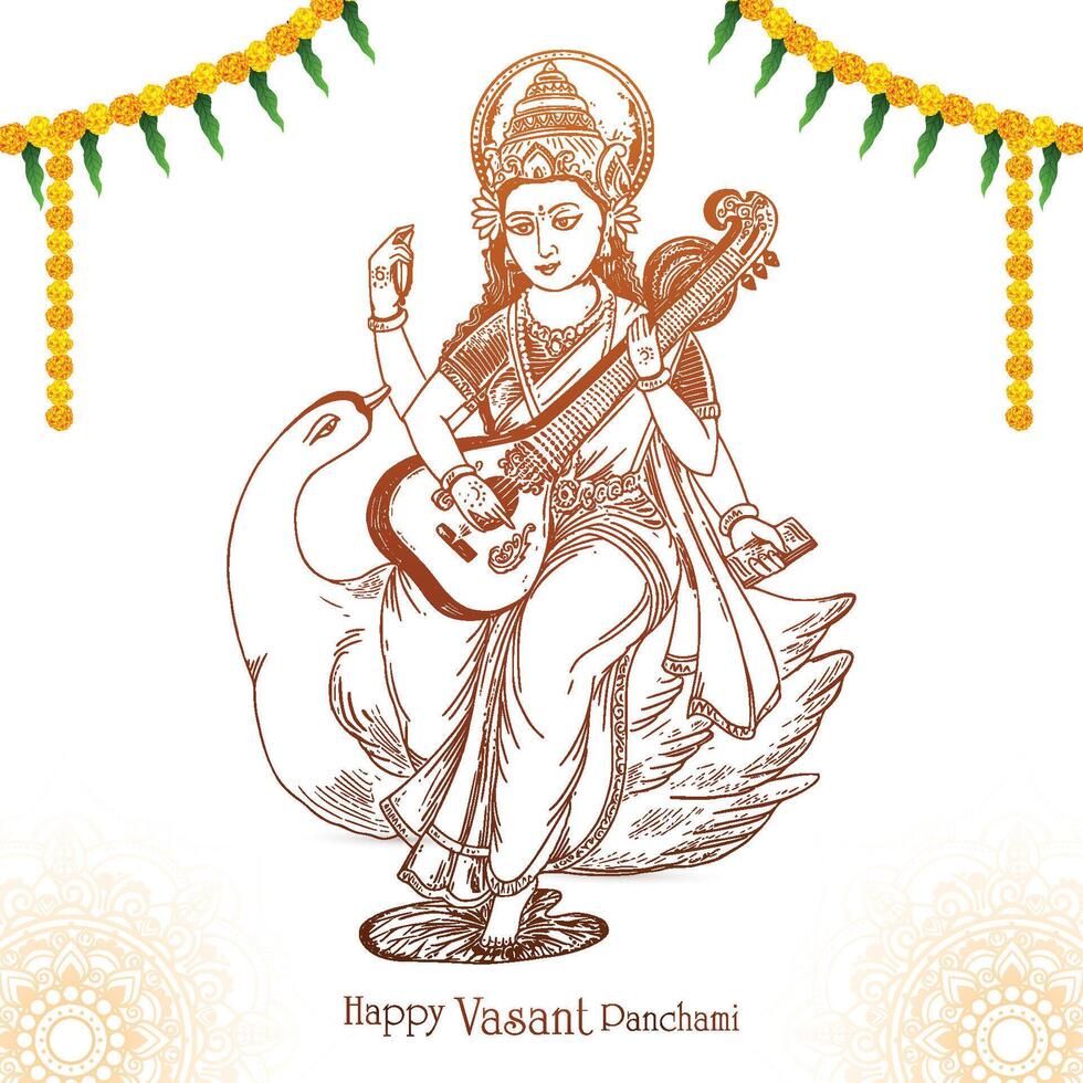 Hand draw indian god saraswati maa on vasant panchami card design vector
