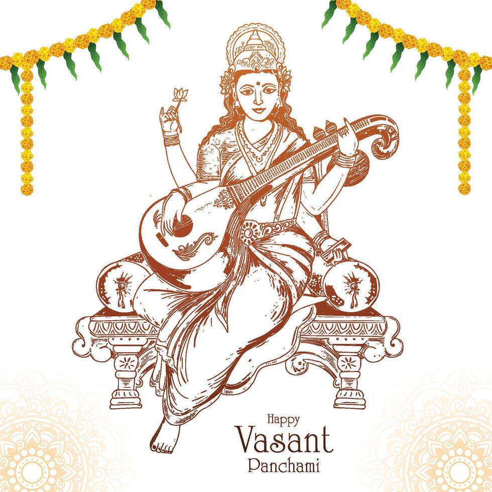 dibujar a mano al dios indio saraswati maa en el diseño de la tarjeta vasant panchami vector