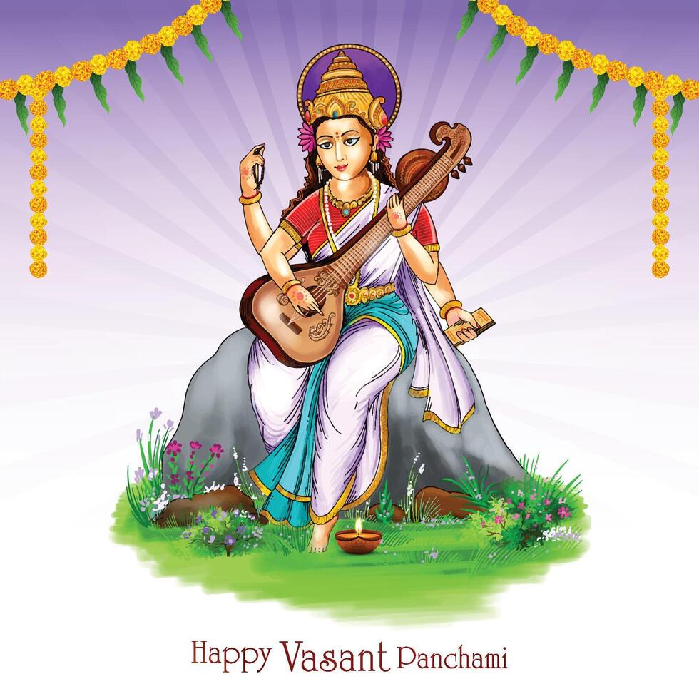 Indian god saraswati maa on vasant panchami religious festival background vector