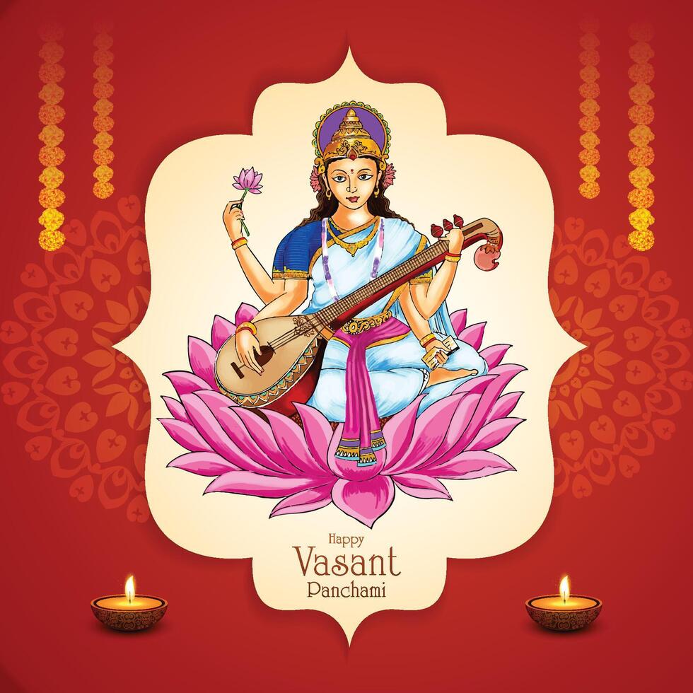 vasant panchami en dios indio saraswati maa diseño de tarjeta religiosa vector