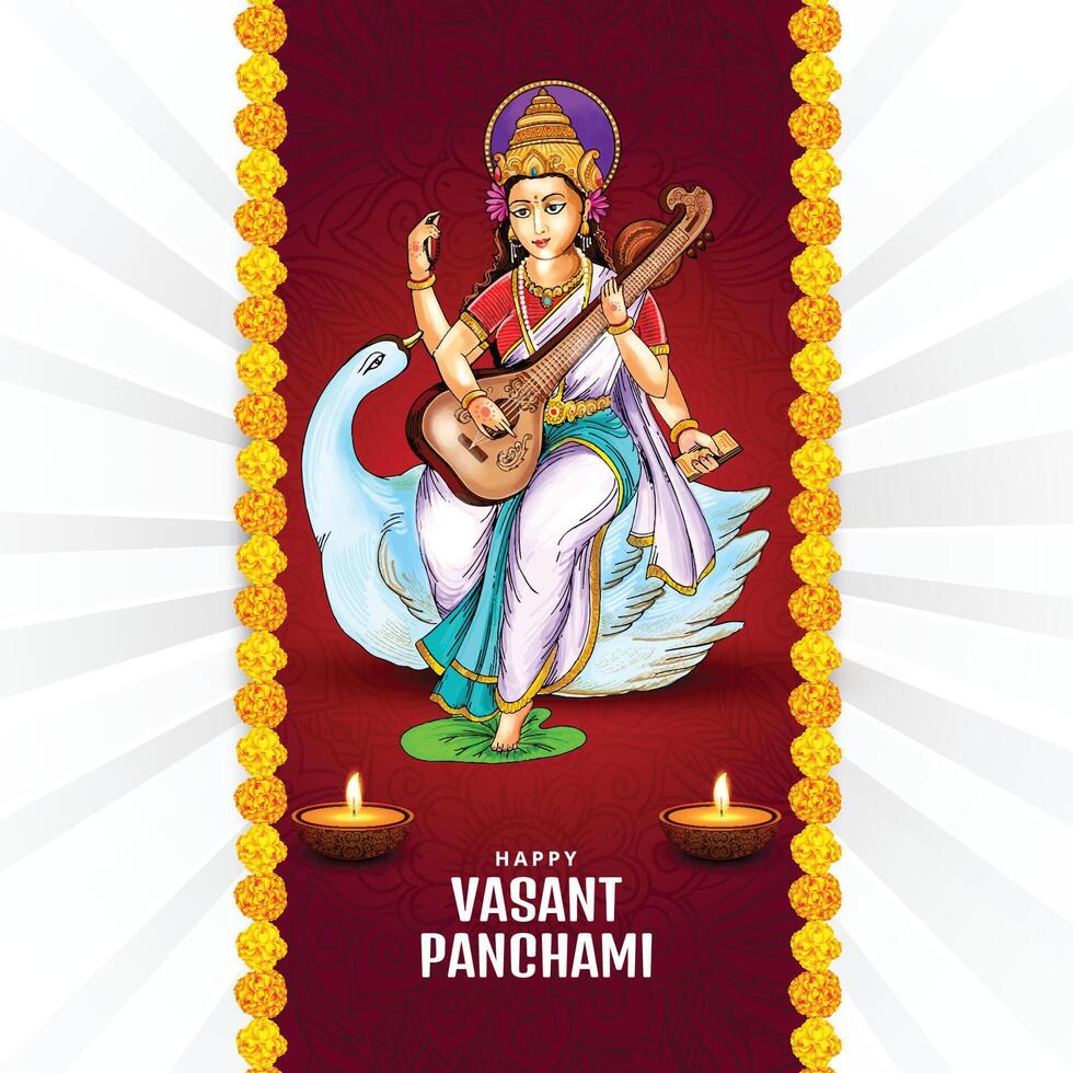 Sarasvati for happy vasant panchami puja of india card background vector