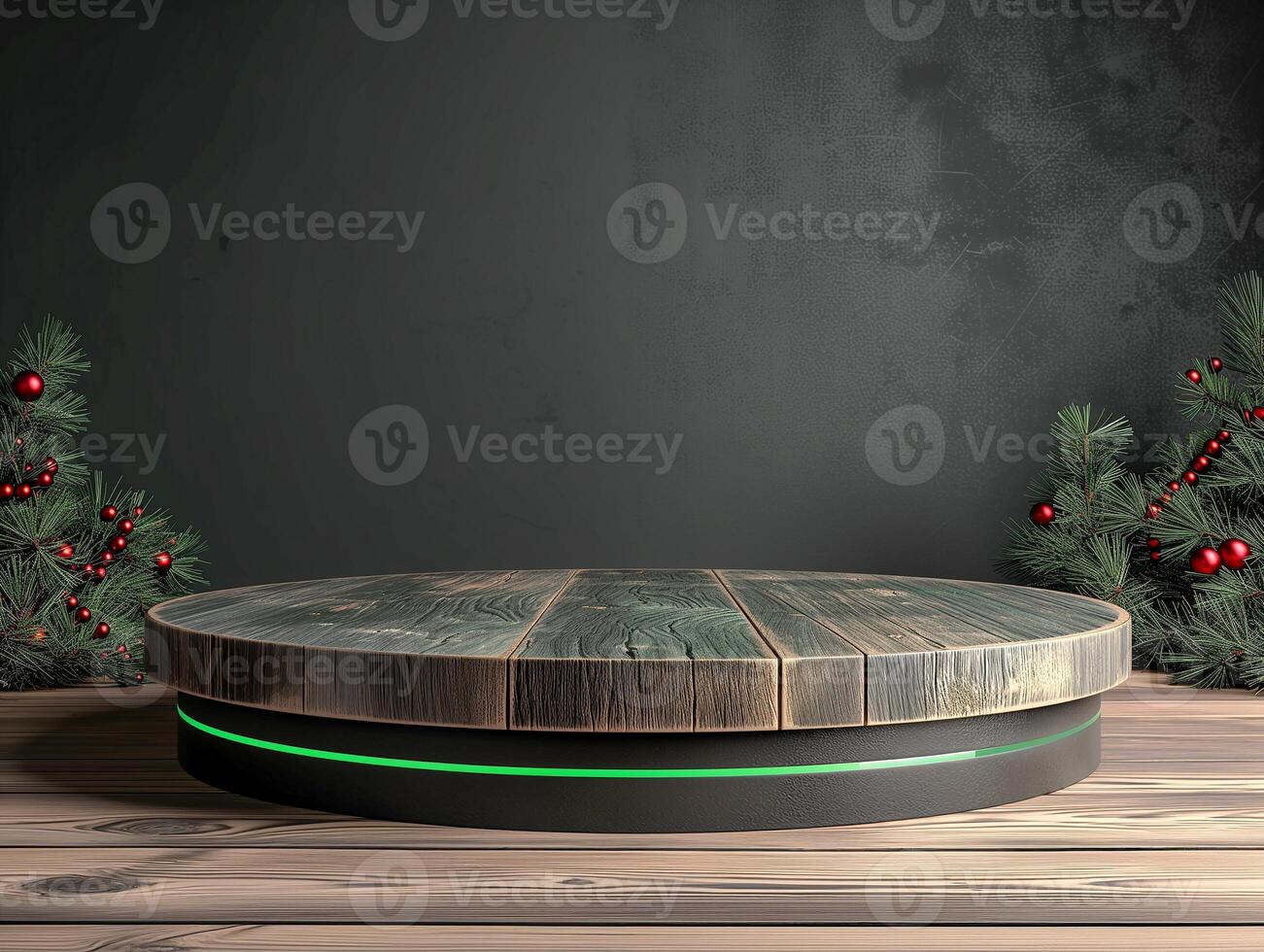 AI generated a round table with christmas trees in the background photo