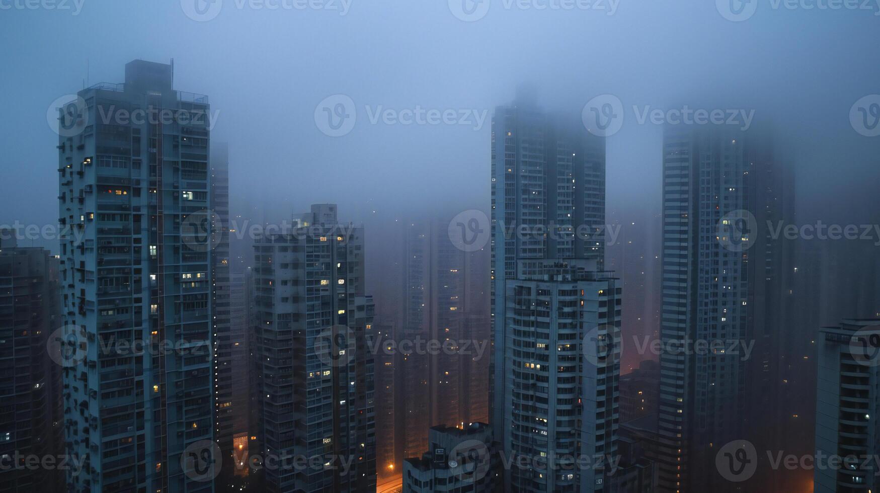 AI generated foggy city skyline at night with tall buildings photo