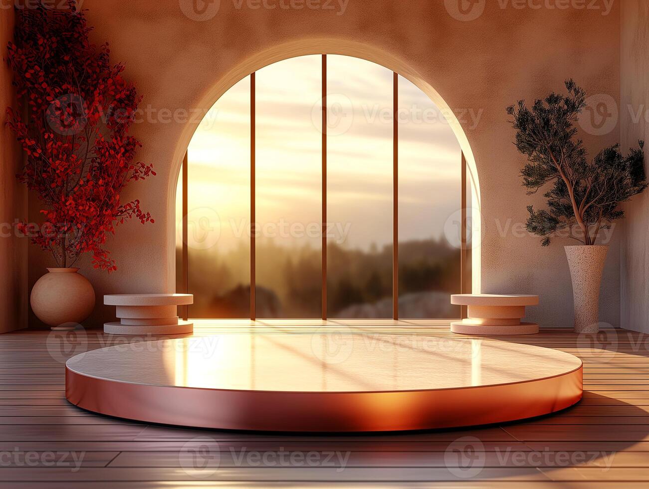 AI generated a room with a large window and a round table photo