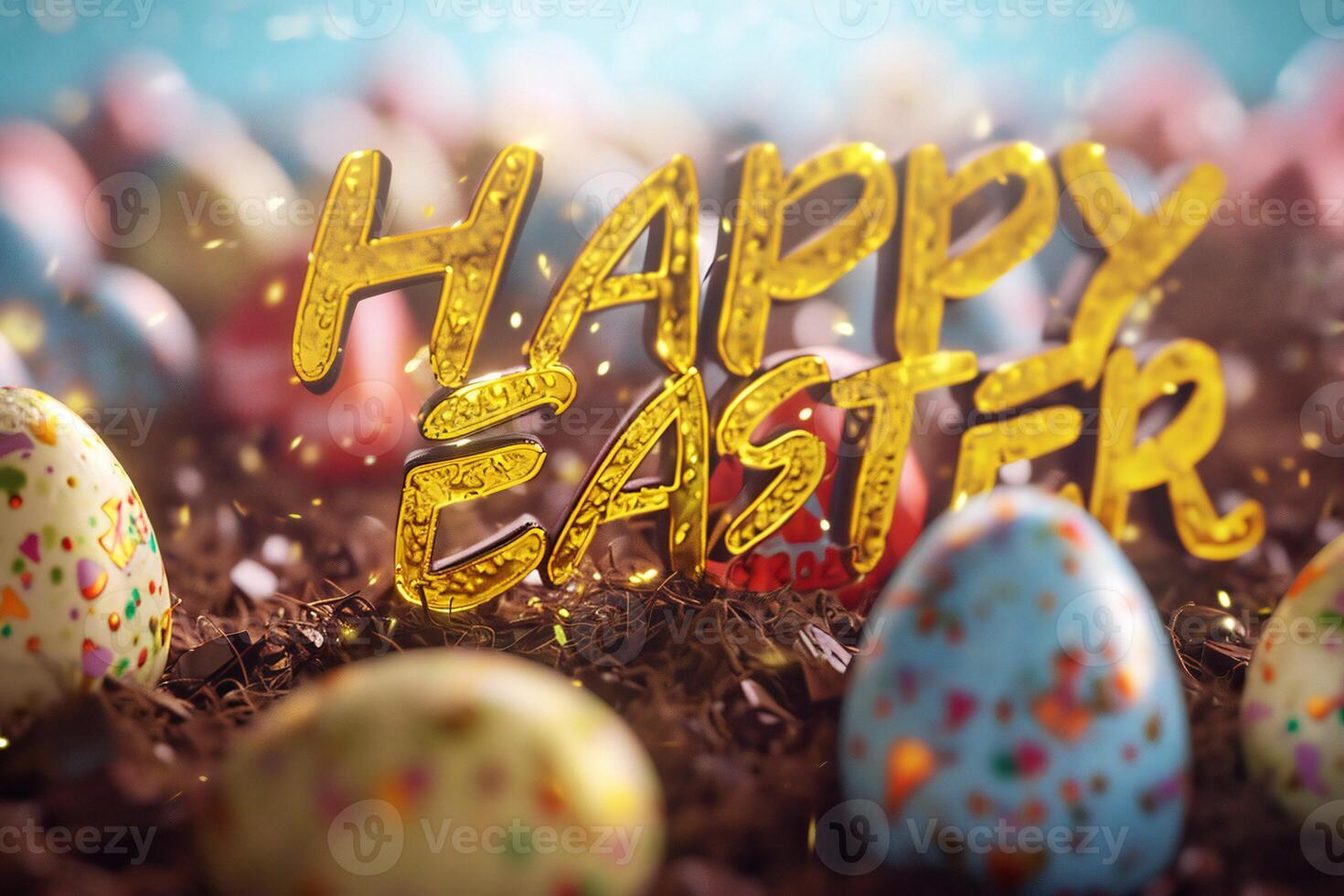 AI generated happy easter text on colorful eggs photo