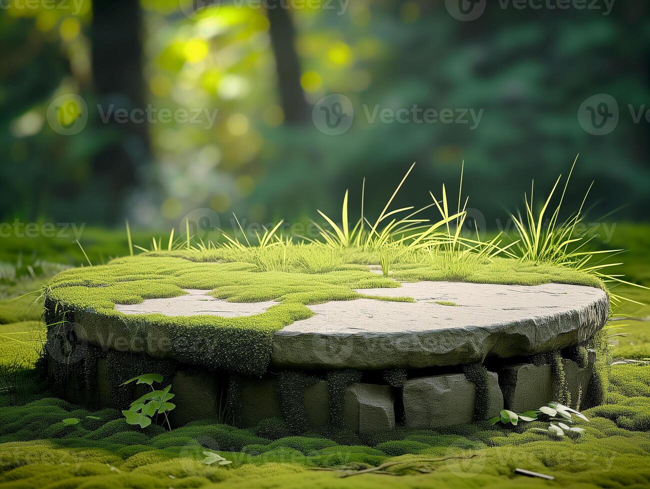 AI generated a stone bench in the middle of a green field photo