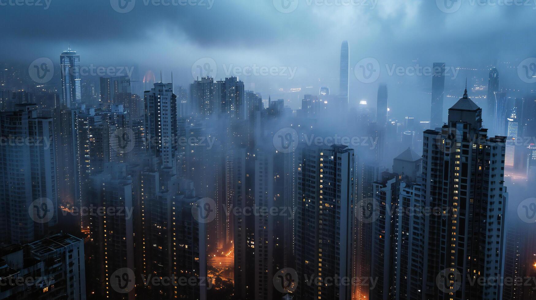 ai generado un ciudad horizonte es visto en el niebla foto