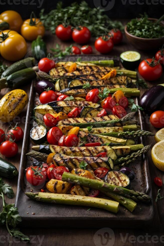 AI generated A colorful array of grilled vegetables on a rustic wooden table photo