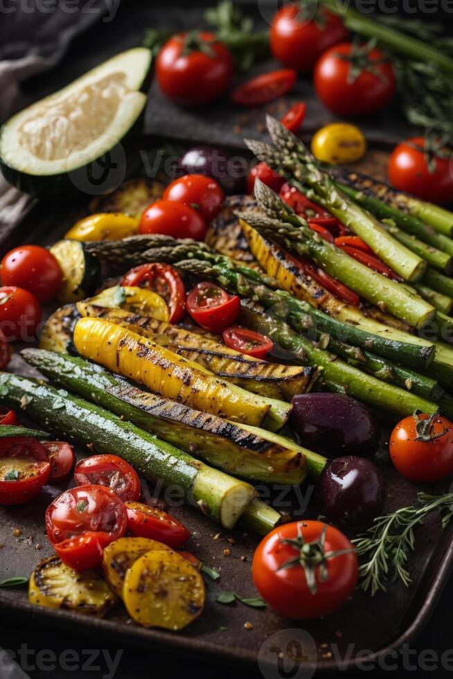 AI generated Asparagus, tomatoes, and other fresh vegetables arranged on a tray photo