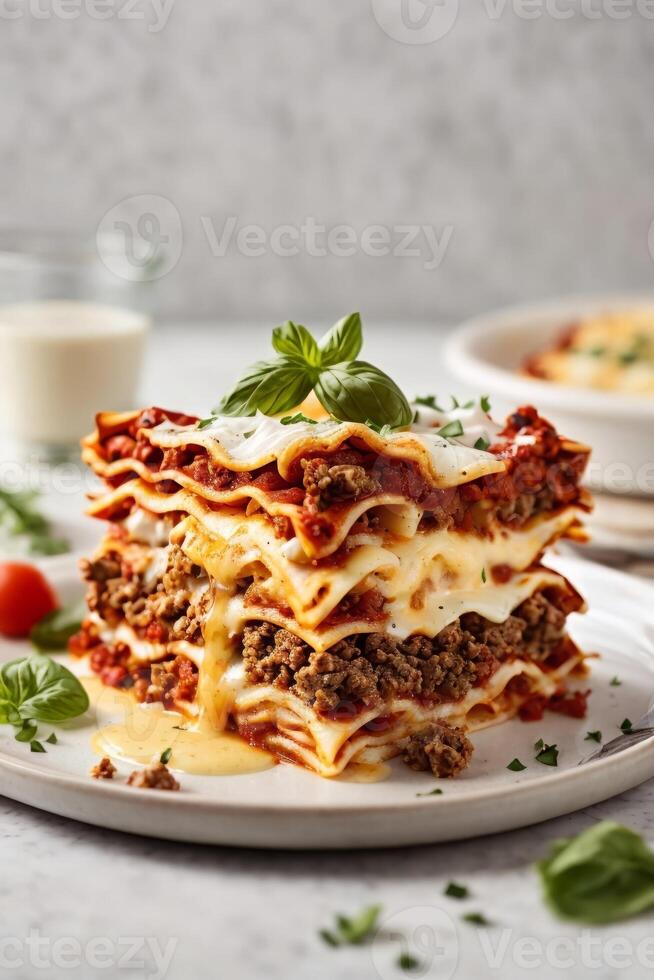 AI generated A delicious stack of homemade lasagna on a plate photo