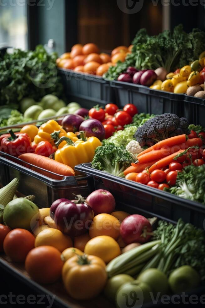 AI generated A colorful display of fresh fruits and vegetables in market bins photo