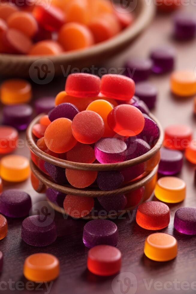 AI generated A colorful assortment of candies in a rustic wooden bowl photo