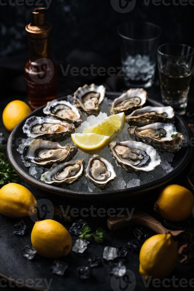 AI generated A plate of fresh oysters with lemons and a refreshing glass of water photo