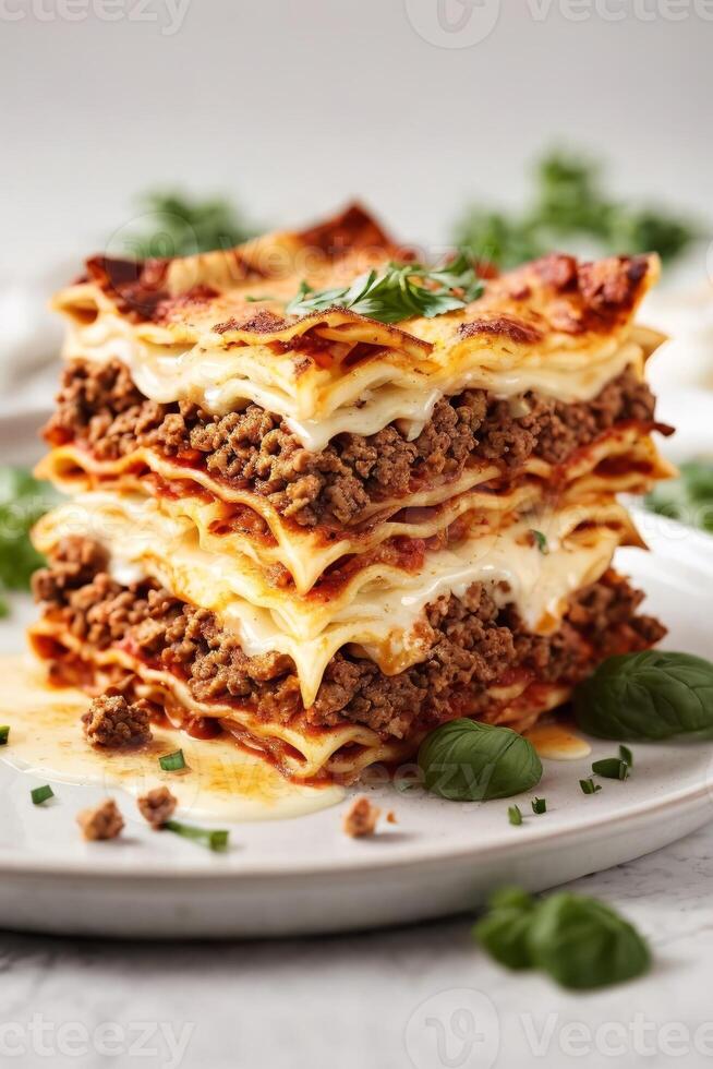 AI generated A delicious stack of layered lasagna ready to be served photo