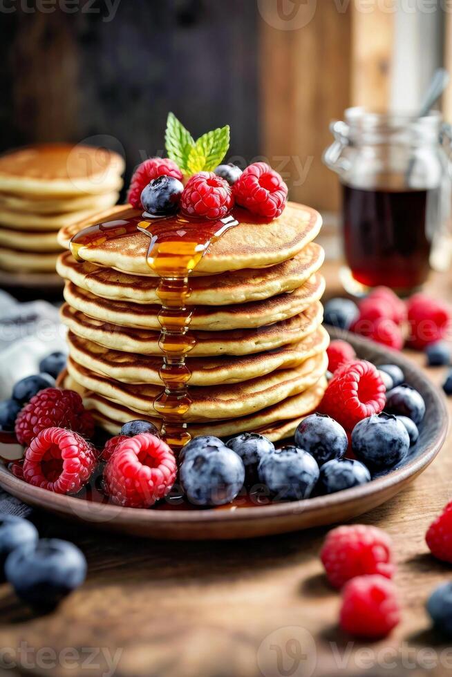 AI generated A stack of delicious pancakes drizzled with syrup and topped with fresh berries on a plate photo