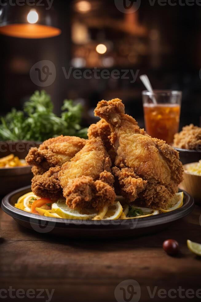 AI generated A delicious plate of crispy fried chicken on a rustic wooden table photo