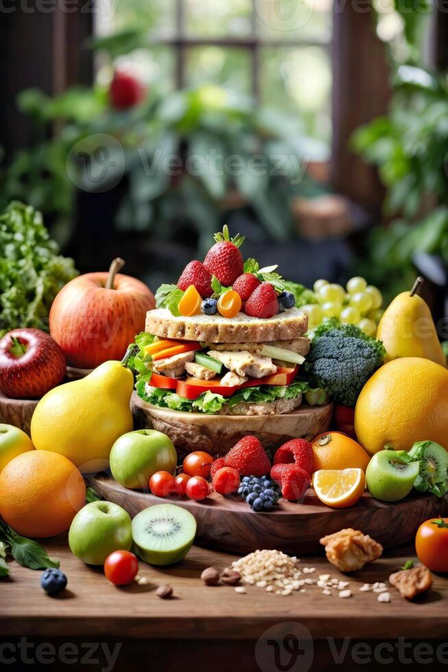 AI generated A colorful display of fresh fruits and vegetables on a table photo