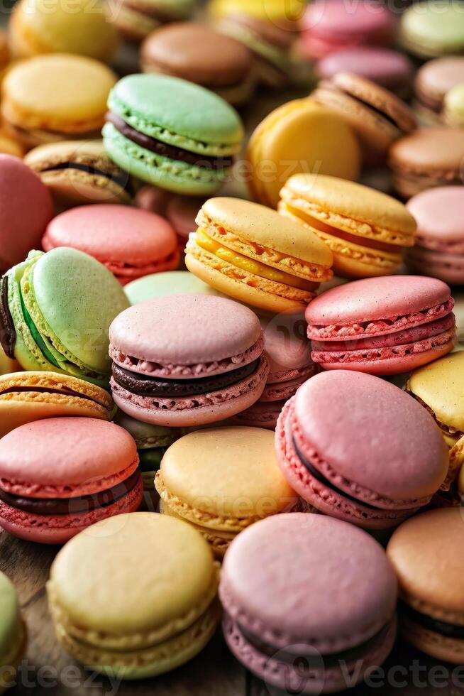 AI generated A vibrant display of colorful macarons on a table photo