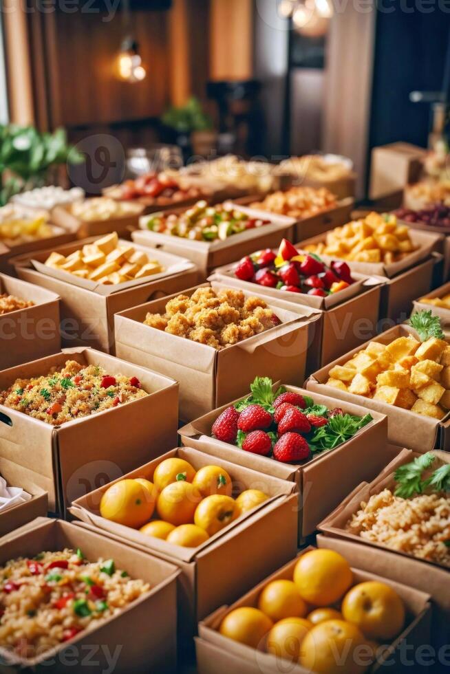 AI generated Various food items neatly packed in boxes photo