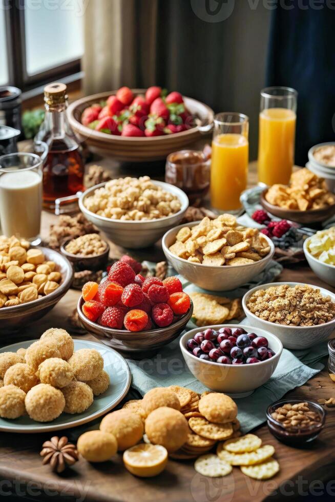 AI generated A delicious spread of food on a rustic wooden table photo