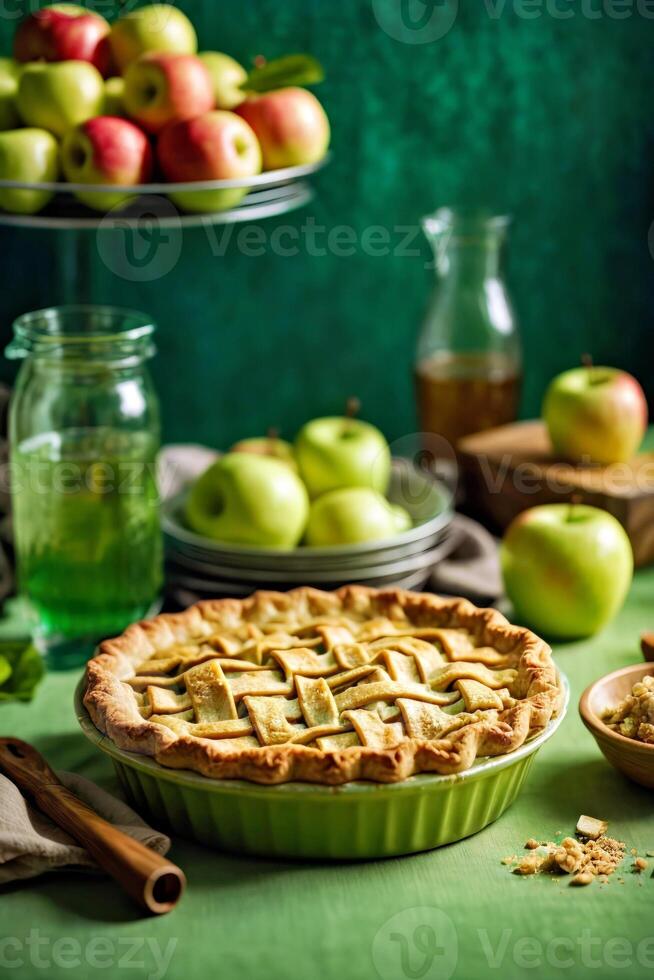 AI generated A delicious pie on a vibrant green table photo