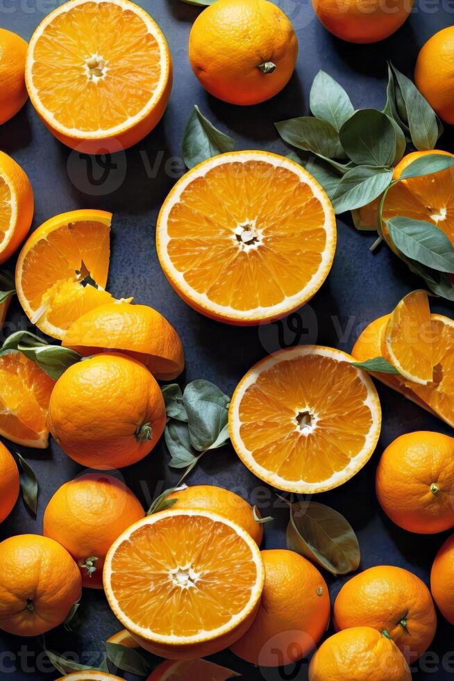AI generated A vibrant display of fresh oranges on a rustic wooden table photo