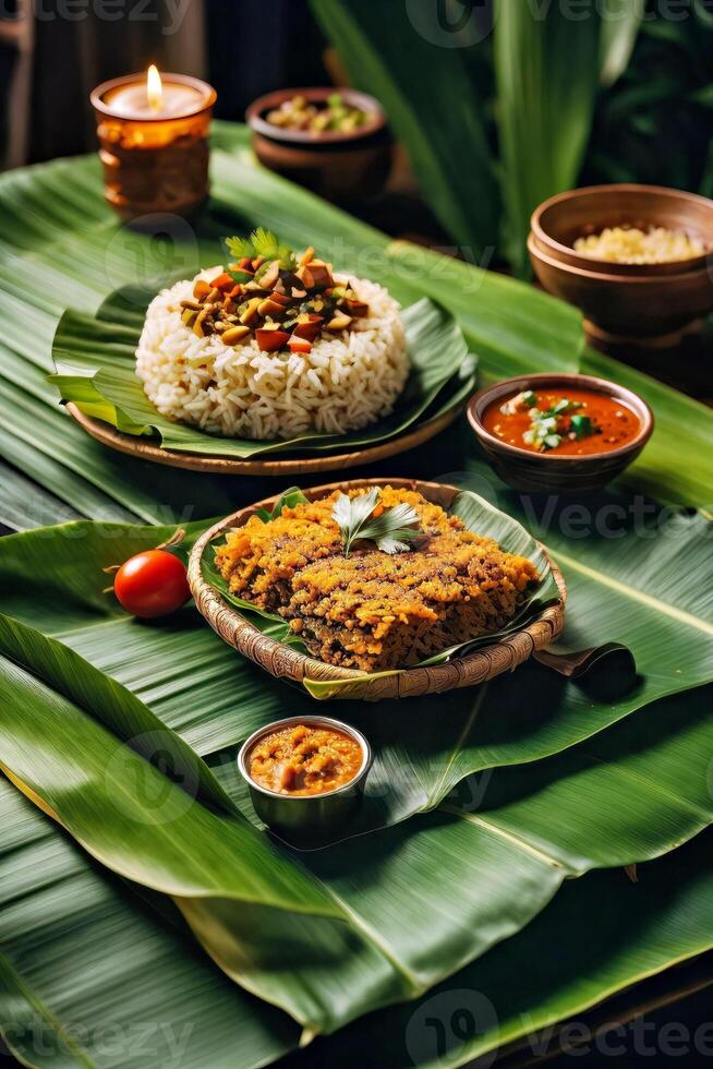 AI generated Delicious dishes served on a traditional banana leaf table photo