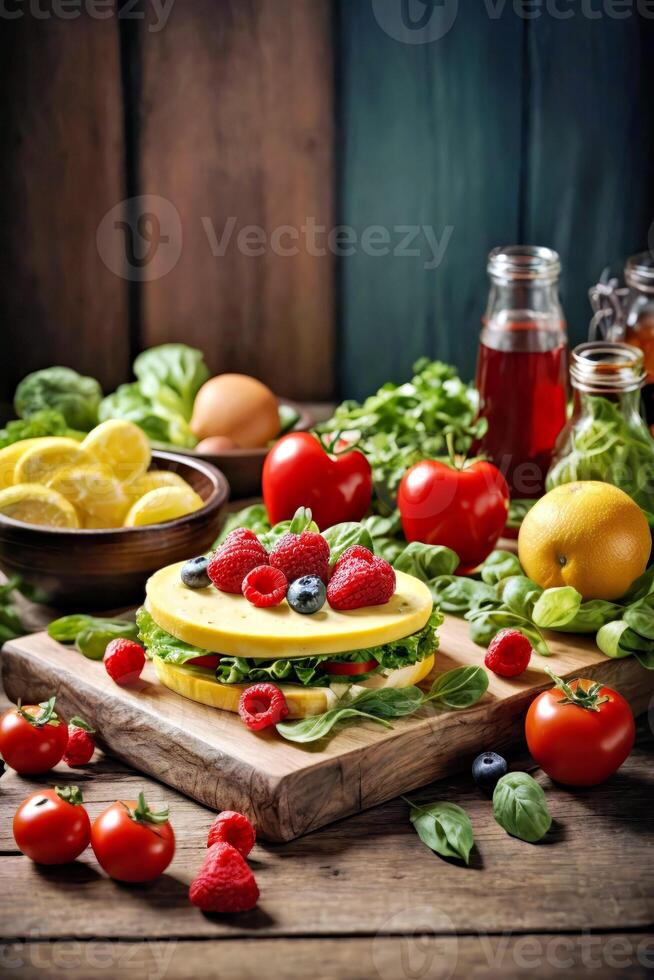 AI generated A healthy and colorful sandwich with fresh fruits and vegetables on a wooden cutting board photo