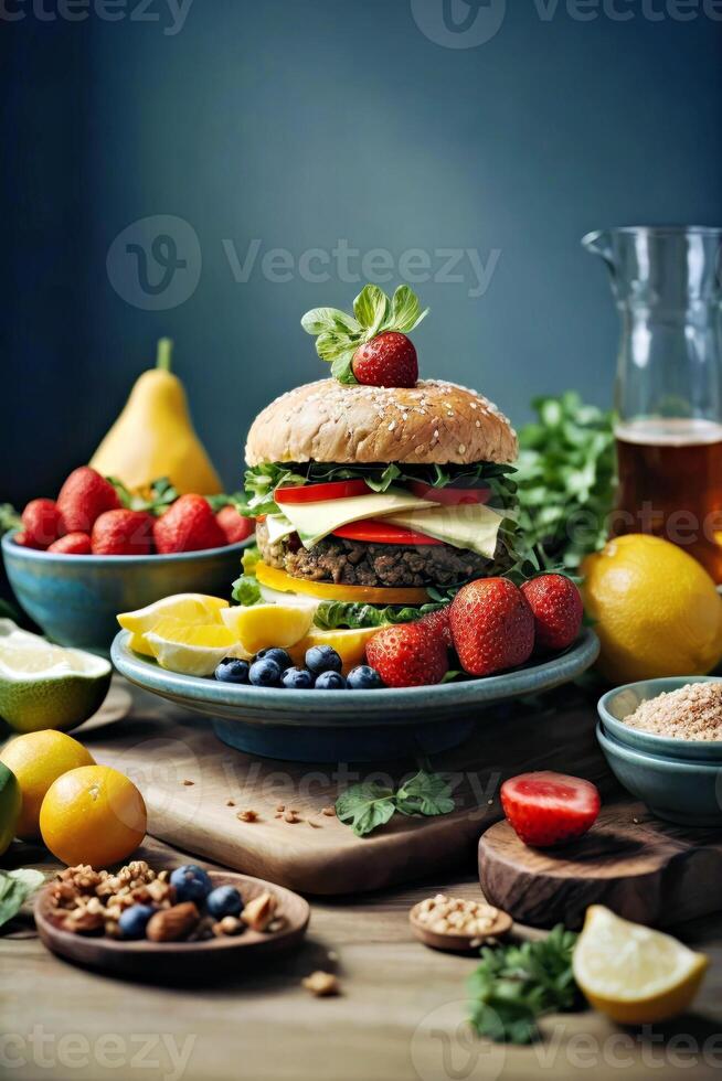 AI generated A delicious and healthy hamburger with a variety of fresh fruits and vegetables on a table photo