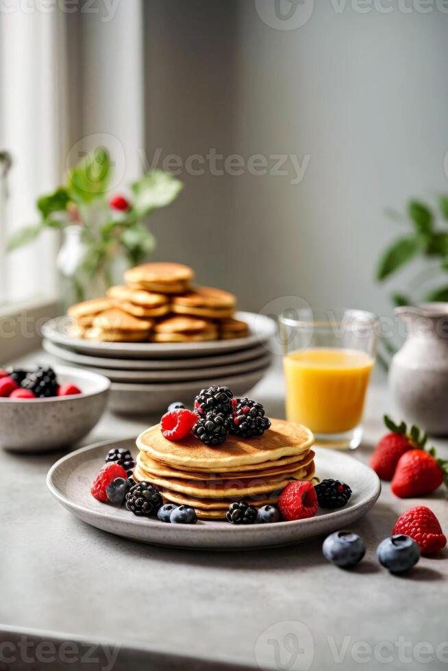 AI generated Stack of delicious pancakes topped with fresh berries and blueberries on a plate photo