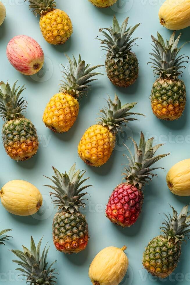 AI generated Pineapples and bananas on a vibrant blue background photo