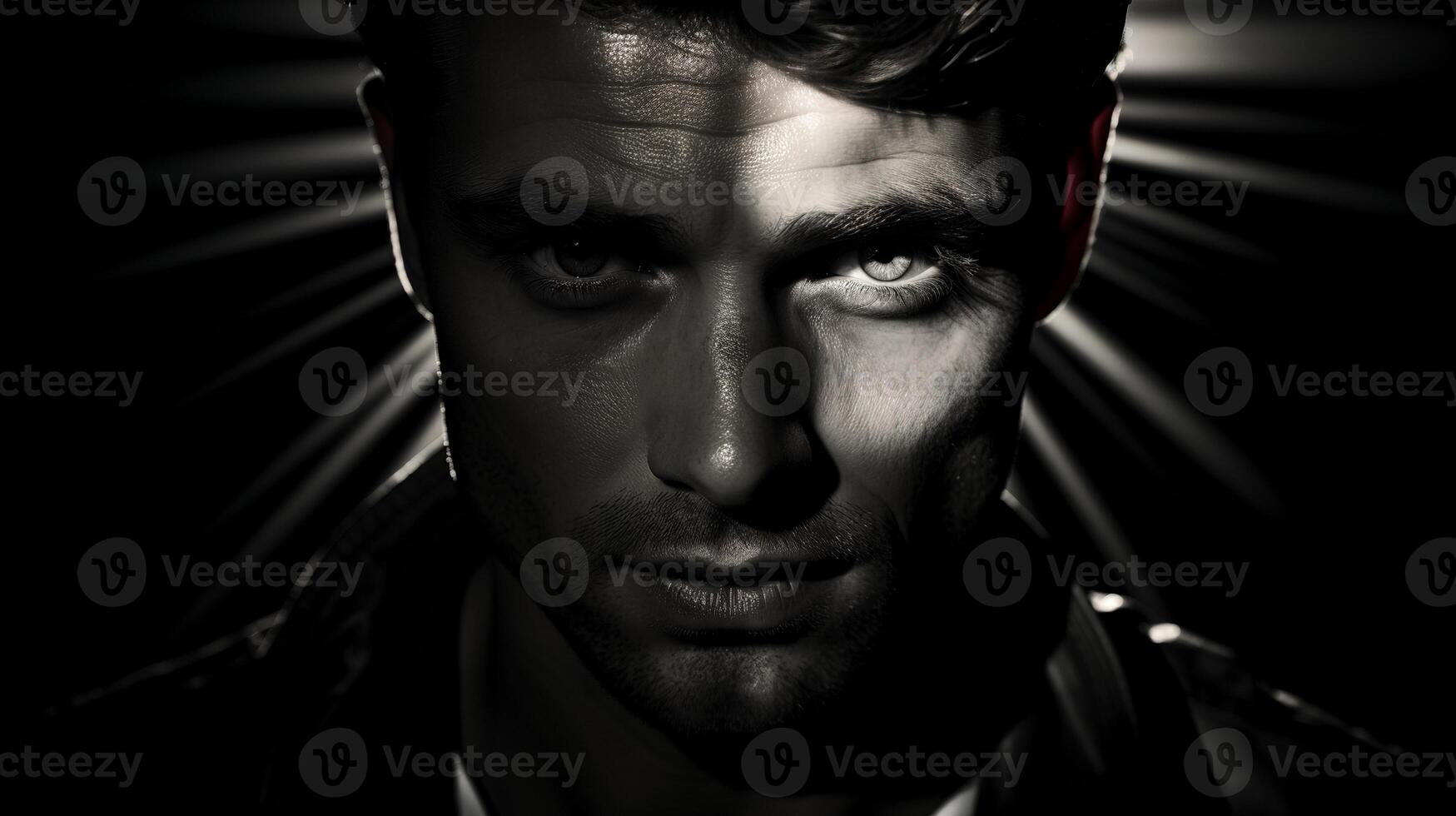 AI generated Closeup intense eyes handsome man shadow ai generated monochrome portrait image photo