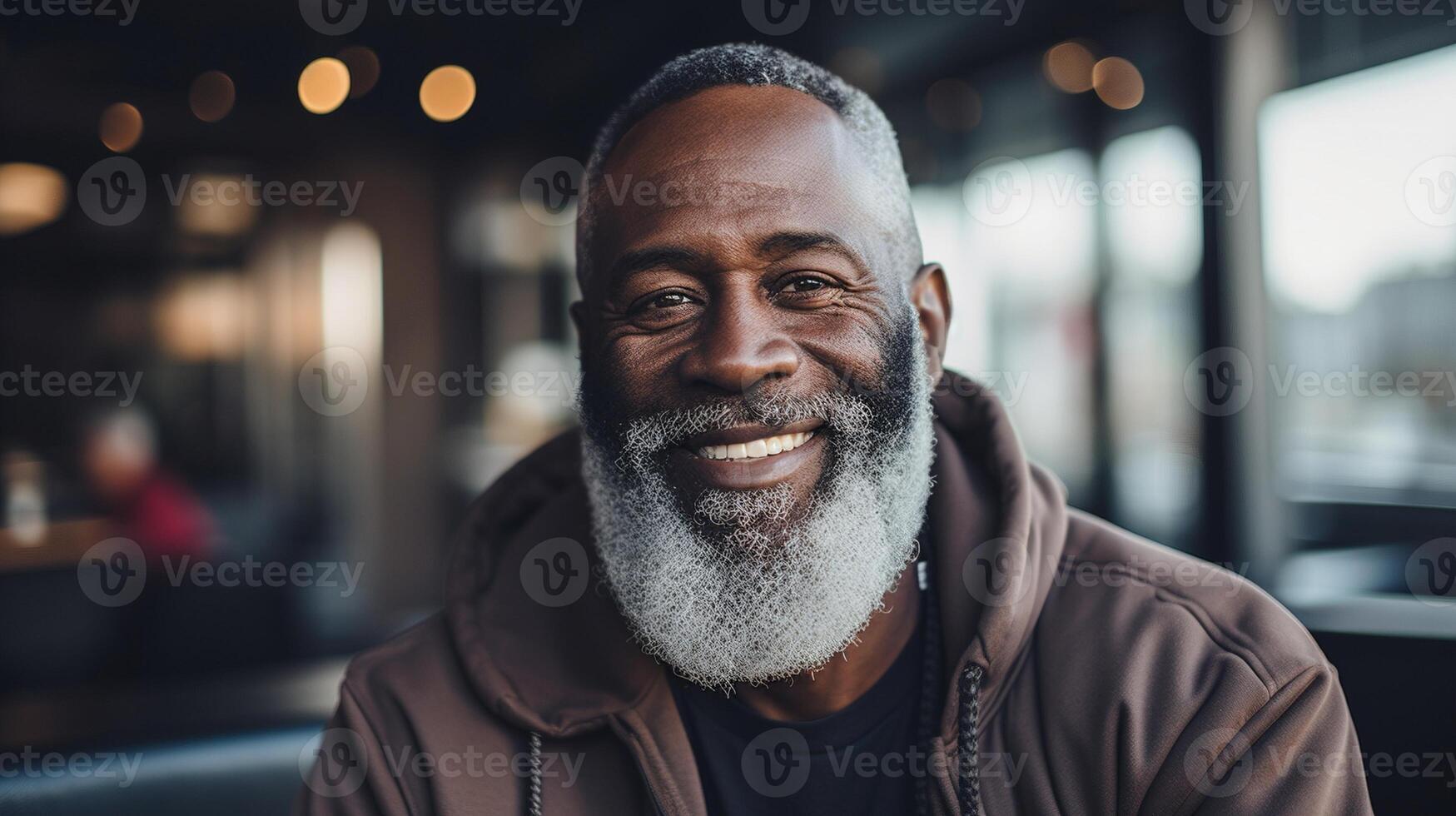 AI generated Gray haired bearded black man smiling ai generated portrait image photo