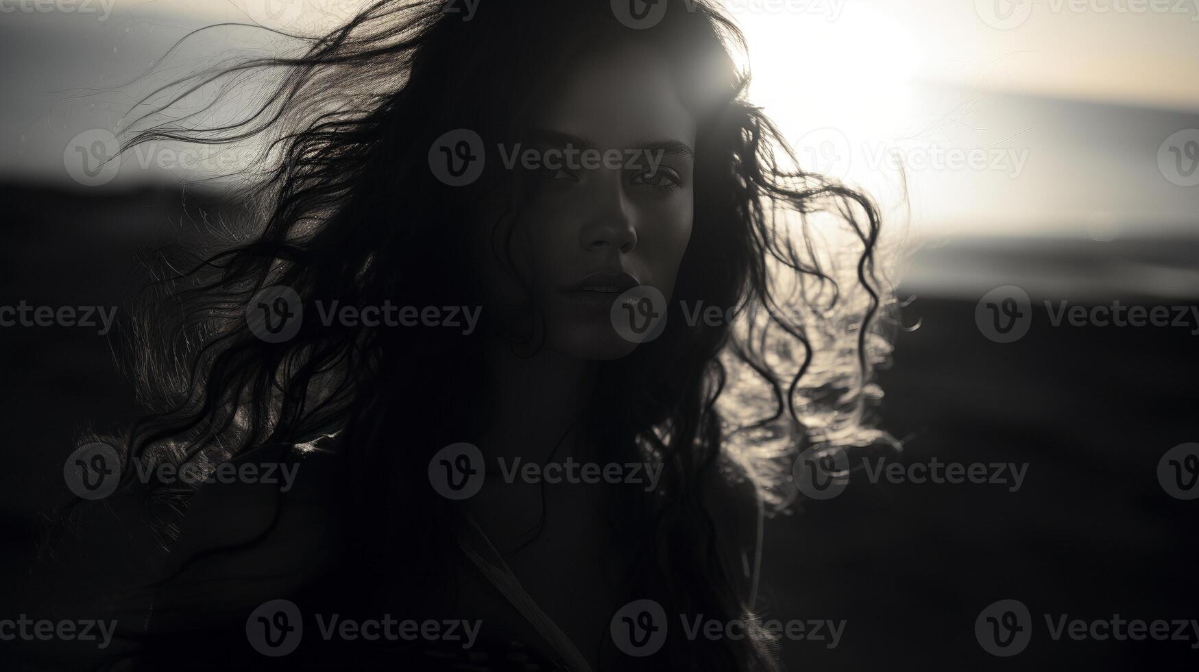 AI generated Wind brown hair woman pensive looking ai generated monochrome portrait image photo