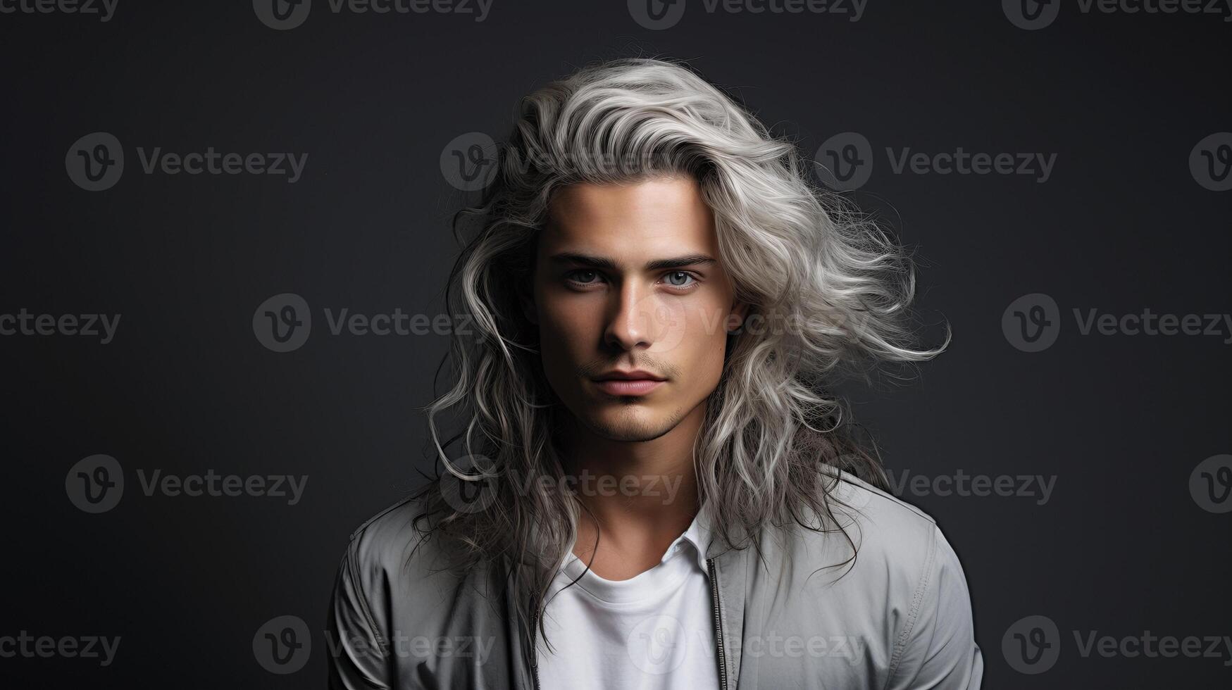 AI generated White hair young man intense stare ai generated portrait image photo