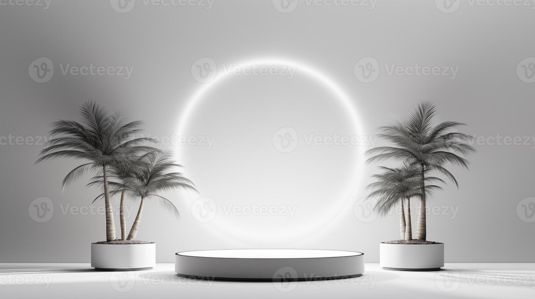 AI generated Potted palm trees glowing round white ai generated stage podium mockup photo