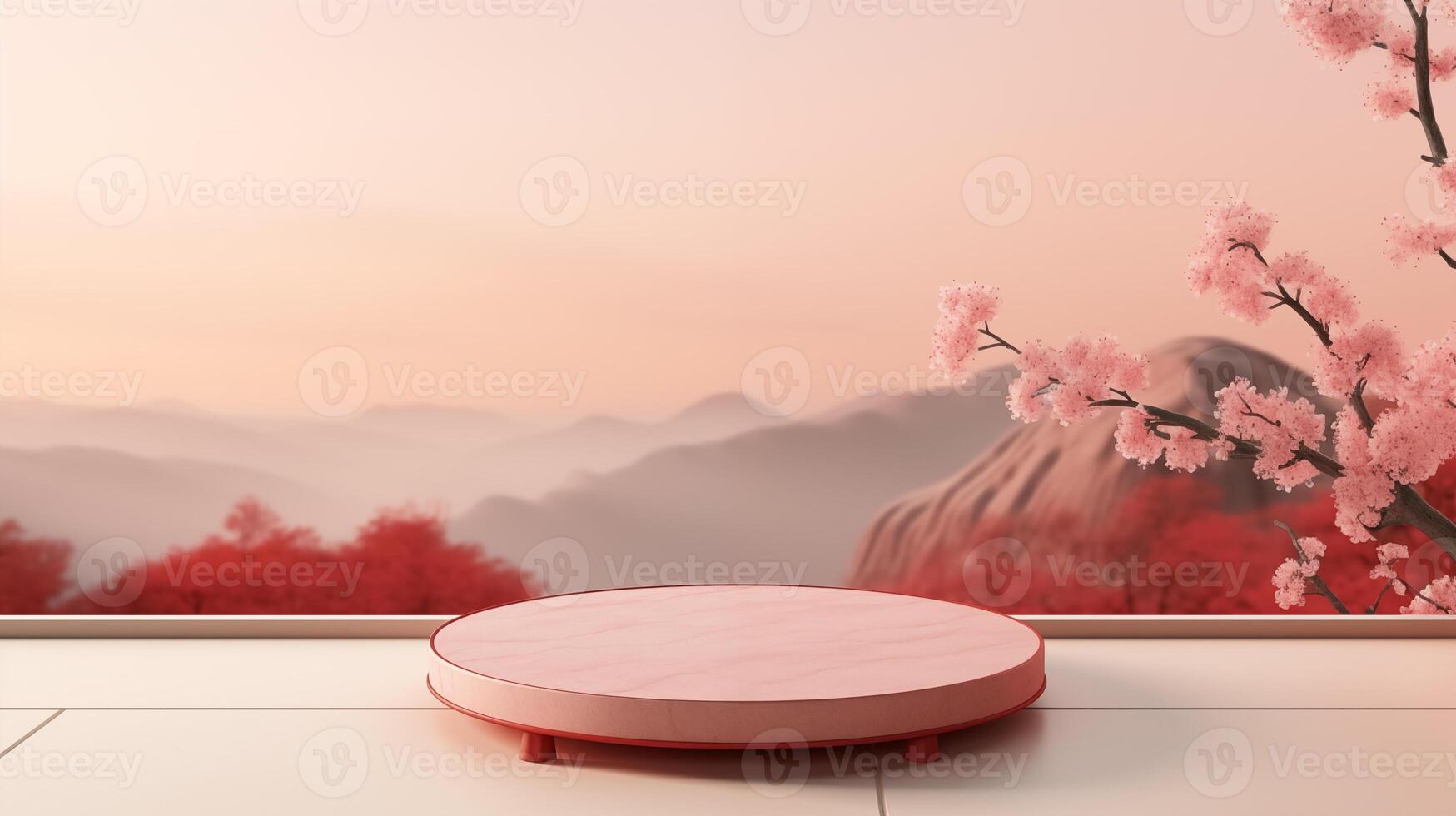 ai generado sakura rosado japonés brumoso montaña ai generado etapa podio Bosquejo foto